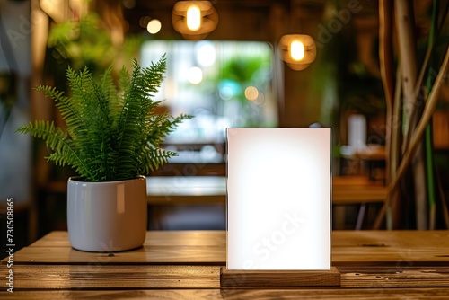 Label the menu frame in a bar restaurant with white sheets of paper acrylic tents on a wooden table in the cafeteria with a blurred background for c photo