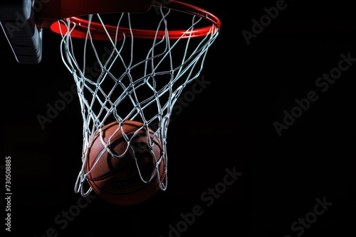 Isolated basketball going through hoop on black background © LimeSky