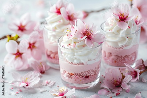 Home made cherry blossom dessert in glasses with whipped cream photo