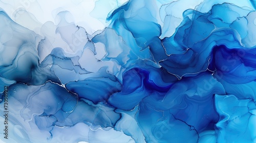 Abstract painting of liquid ink on paper with a marbled blue and silver background.