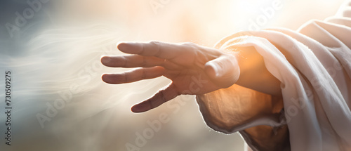Jesus christ extending his hand in a warm environment trying to help and give hope