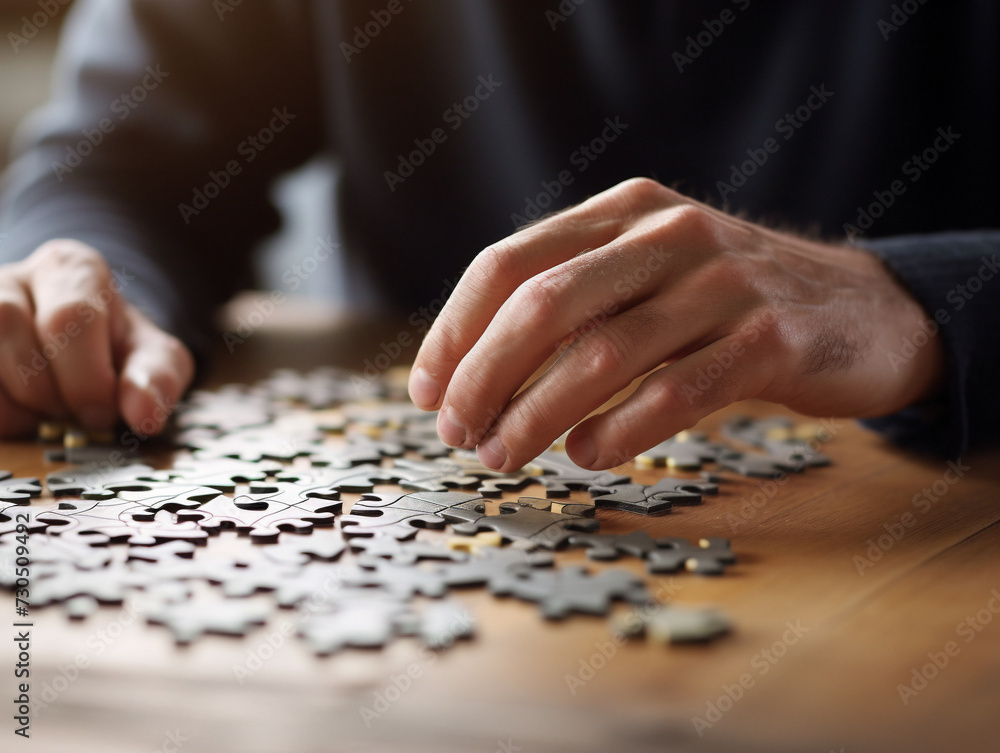 A person concentrates on solving a challenging jigsaw puzzle, representing complex binary code sequencing. A person concentrates on solving a challenging jigsaw puzzle, representing complex binary code sequencing.