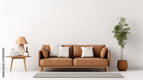 Stylish living room with modern and minimal furniture design featuring a brown Scandinavian-style sofa on a white background.