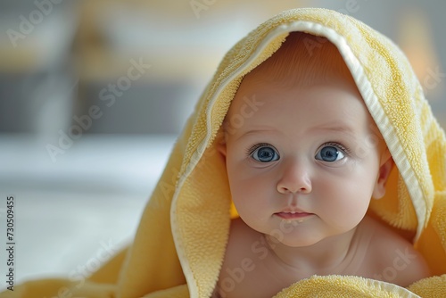 Adorable infant with towel on head after bathing photo