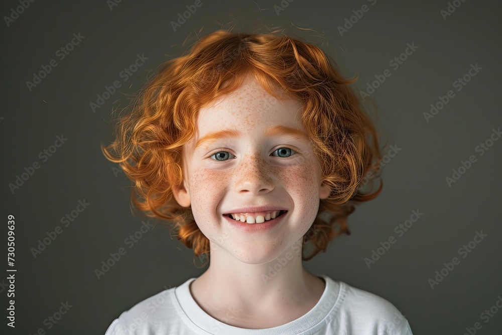Smiling red haired child in white shirt on gray background Smiling red haired child in white shirt on gray background