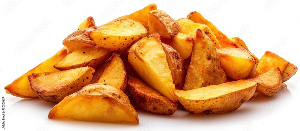 Tasty golden color fried potato wedges isolated on white background. AI generated image