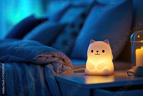 Close up of cute cat shaped bedside lamp on night table next to sleeping bed in dark room