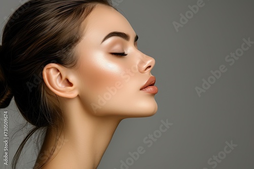 Young woman with smooth and healthy skin profile view over gray background focused on facial and neck skincare photo