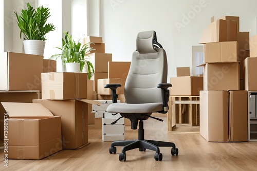 Office furniture including a packed chair in cardboard boxes on moving day photo