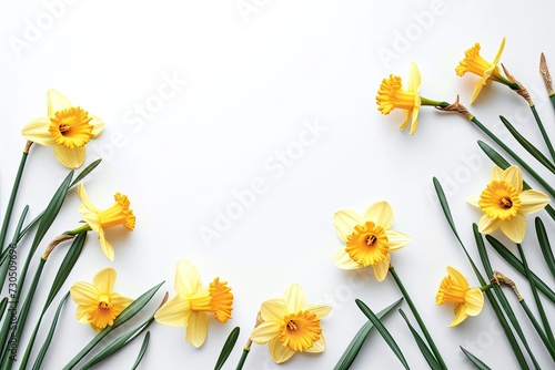Spring floral border with fresh daffodils isolated on white background focusing on Mother s Women s Easter Wedding Day concept photo