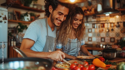 Young couple smiling cooking healthy lunch in kitchen.
