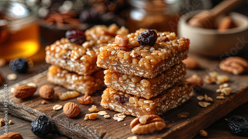 Bars made of dried fruits, nuts and honey, laid out on a wooden surf