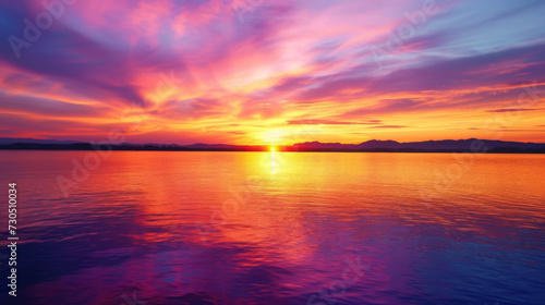 A colorful array of hues paints the sky as the sun sets over the lake creating a breathtaking and peaceful sight.
