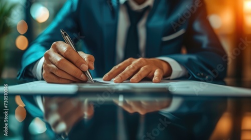 Businessman signs contract with pen during corporate meeting to finalize business deal or legal decision.
