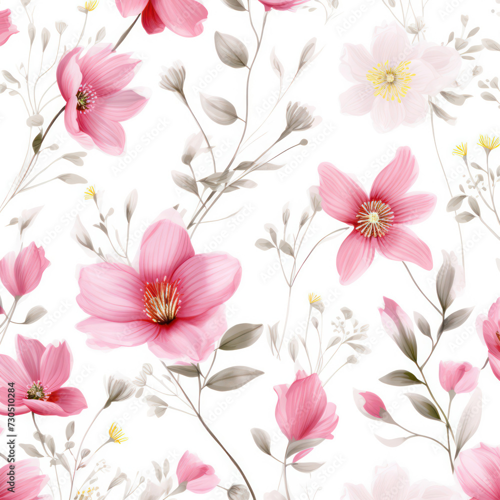 Seamless Pink Floral Pattern: Delicate Blooms on Vintage Green; Romantic Botanical Illustration with Watercolor Effect for Nature-inspired Design