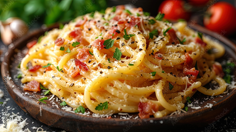 Image of a paste of carbonara with bacon, parmesan and fresh pep Image of a paste of carbonara with bacon, parmesan and fresh pep