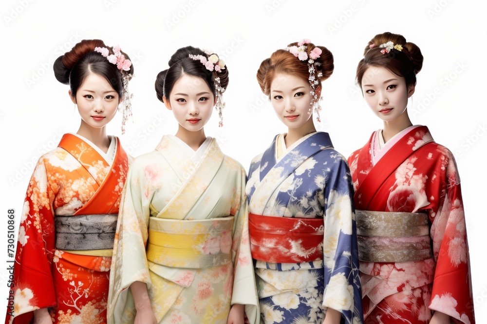 Image of beautiful young geisha woman in traditional Japanese kimono isolated over white background. Colorful Kimono. Generative AI. Image of beautiful young geisha woman in traditional Japanese kimono isolated over white background. Colorful Kimono. Generative AI.