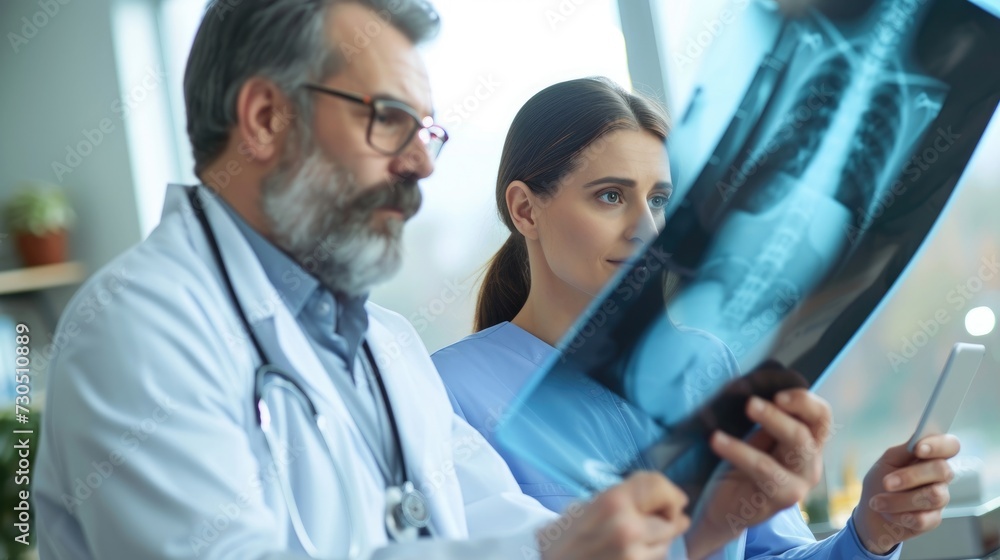 Doctors and surgeons examining an x-ray image. - obrazy, fototapety, plakaty 