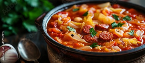 Tasty cabbage soup with chorizo - cuisine.