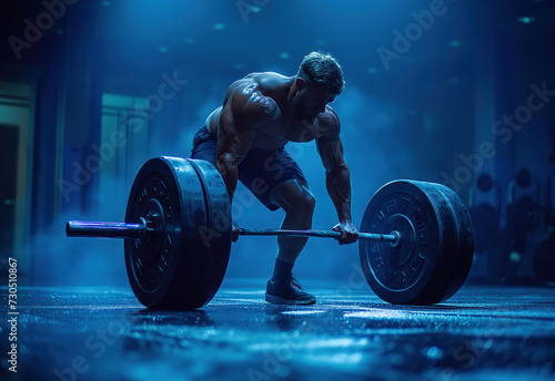 A portrait of man with barbell in the gym for fitness. Strong muscle, Bodybuilder and Male athlete weightlifting. Generative AI.