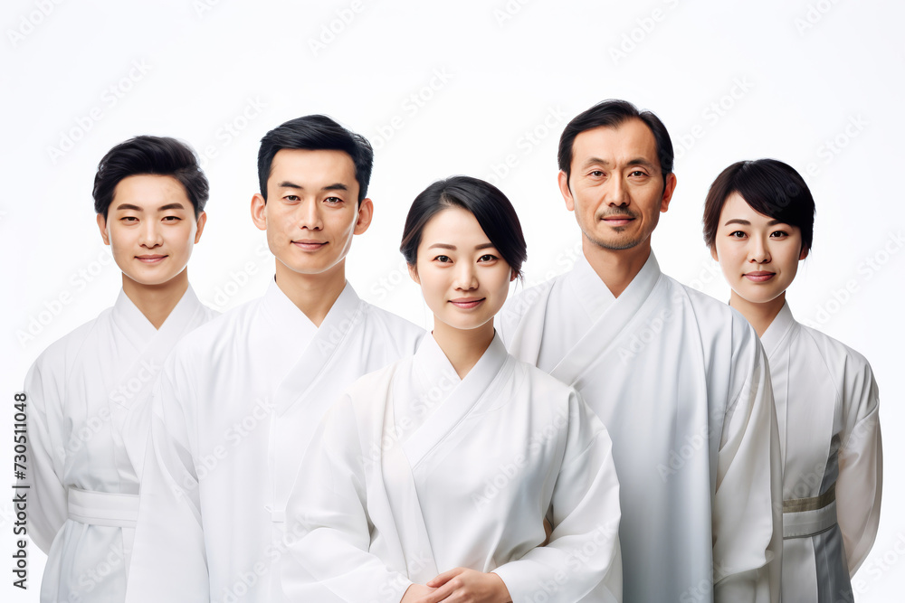A diverse group of people of various ages and genders wearing traditional Japanese attire, set against a white background.
