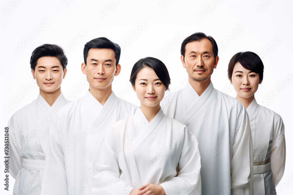 A diverse group of people of various ages and genders wearing traditional Japanese attire, set against a white background. A diverse group of people of various ages and genders wearing traditional Japanese attire, set against a white background.