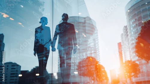 Business professionals intertwined in a double exposure, joining hands.