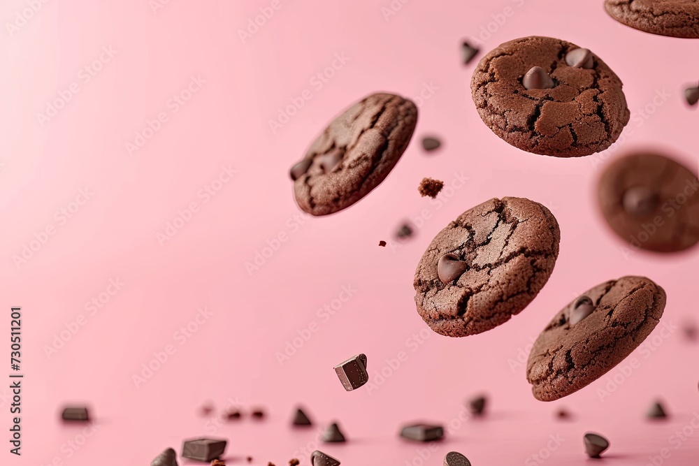 Flying chocolate cookies on a pink background Sweet food aesthetic biscuit concept Flying chocolate cookies on a pink background Sweet food aesthetic biscuit concept