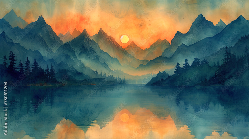 Light and air watercolor, in which mountains stretch to hea