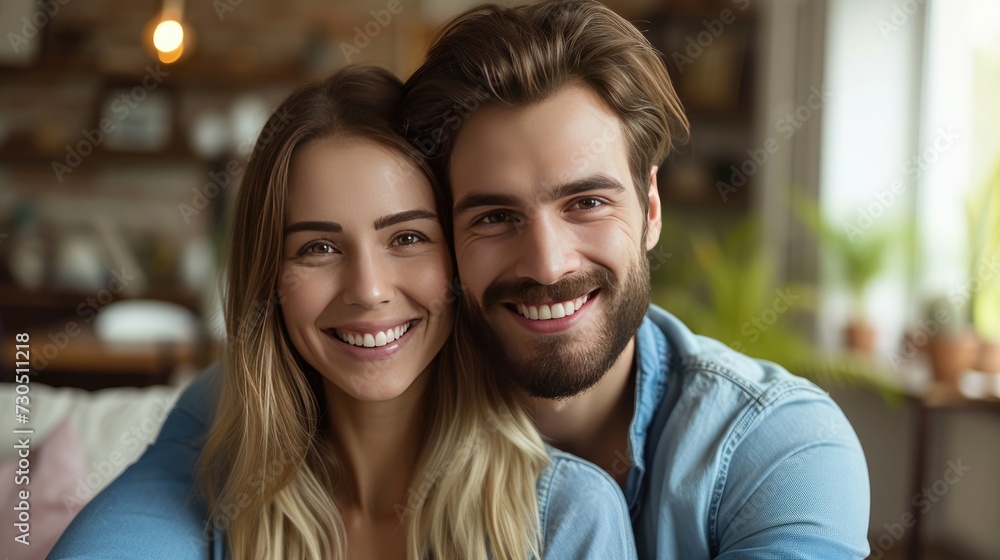 Closeup portrait of young Caucasian couple hugging with a big smile in home Closeup portrait of young Caucasian couple hugging with a big smile in home