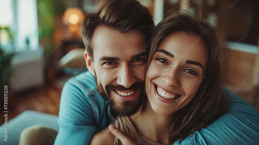 Closeup portrait of young Caucasian couple hugging with a big smile in home Closeup portrait of young Caucasian couple hugging with a big smile in home