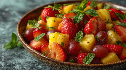 Light image of fresh fruit salad with pineapple, strawberries, grapes and mi