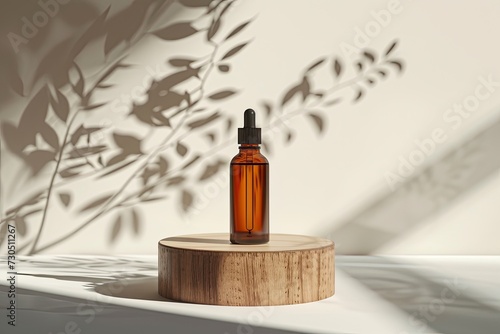 Front view of a biophilic cosmetics mockup a wooden geometric podium holds an amber bottle with natural plant shadows containing anti aging serum m