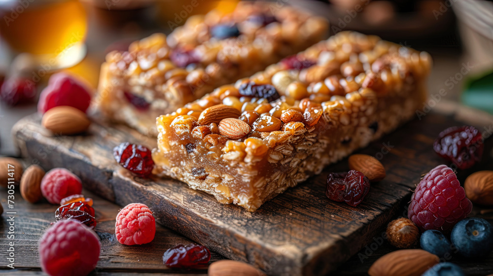 Fototapeta premium On a wooden board there are useful bars prepared from dried fruits, nuts and hone