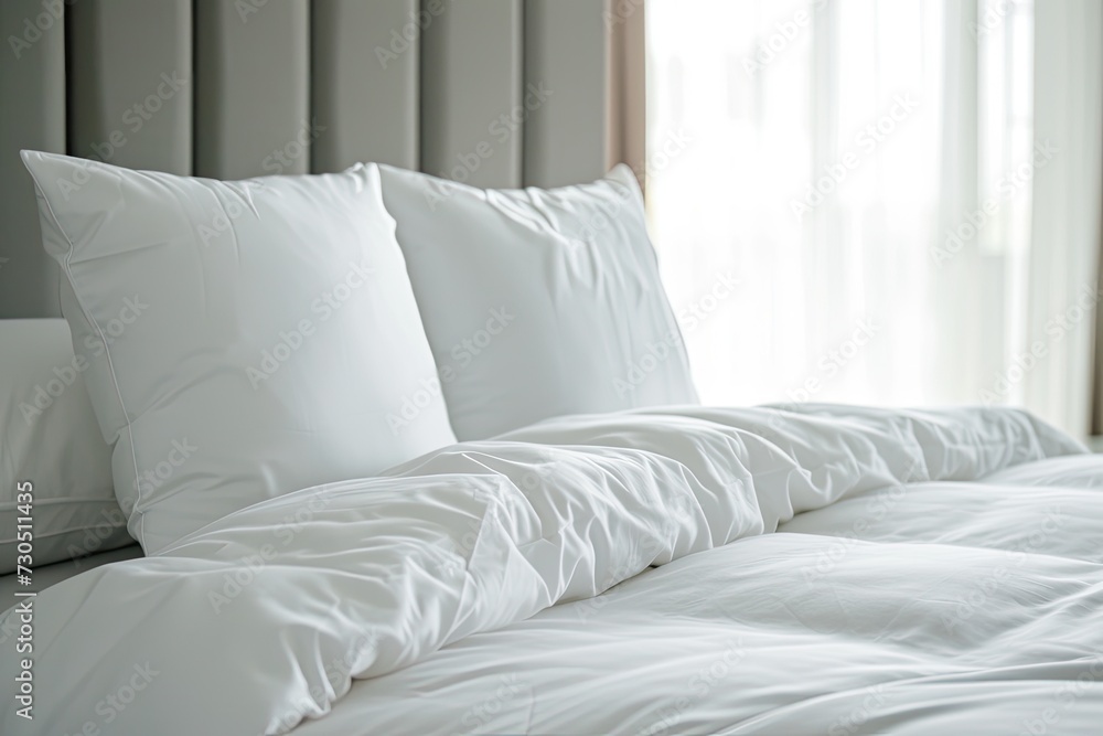 Clean white bedding and pillows in a hotel room on an empty bed against a natural wall background Clean white bedding and pillows in a hotel room on an empty bed against a natural wall background
