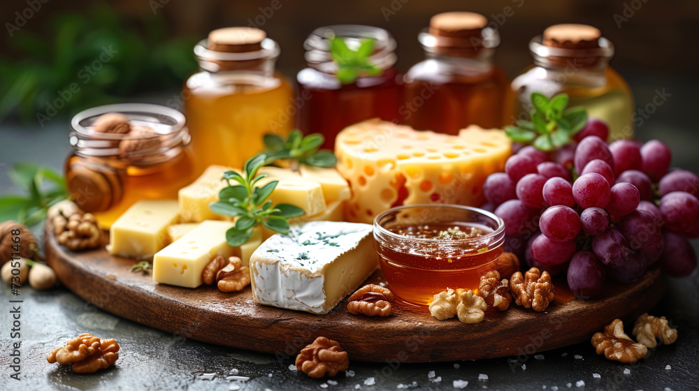 Photos of a variety of cheeses, walnuts, grapes and honey on a wooden boa Photos of a variety of cheeses, walnuts, grapes and honey on a wooden boa