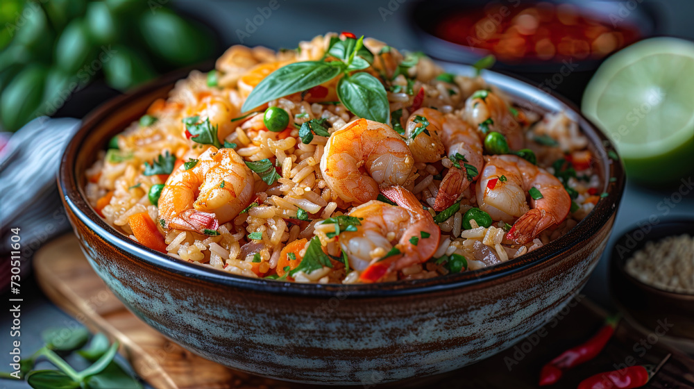 Photo of fried rice with shrimp and vegetables in vo Photo of fried rice with shrimp and vegetables in vo
