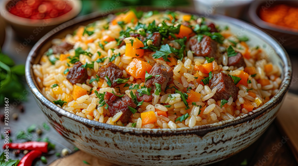 Pilaf a dish of rice, meat, carrots and spi