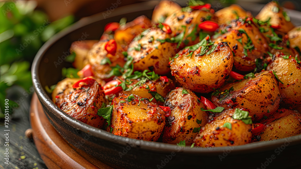 Potato in a rustic fried potatoes with spicy spice Potato in a rustic fried potatoes with spicy spice