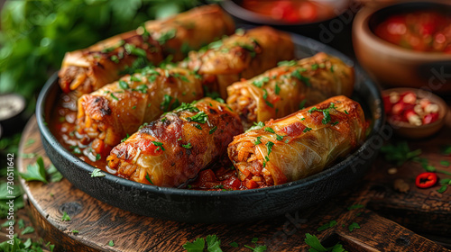 Piginalists cabbage rolls with meat and rice filling, stewed in tomato sau photo
