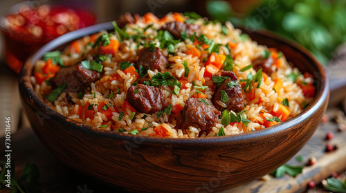 Pilaf a dish of rice, meat, carrots and sp