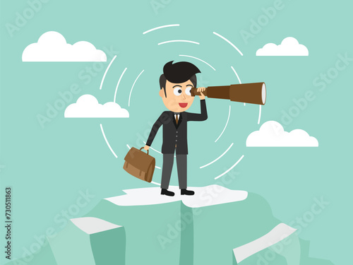 Businessman using telescope or spyglass standing on mountain. Cloud and green sky background. Business concept. Flat cartoon style. Vector illustration.