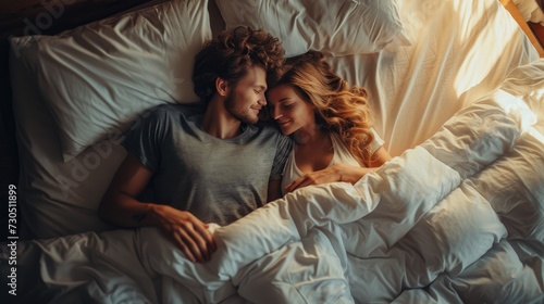 Young happy couple hugging in bedroom on the bed relaxed.