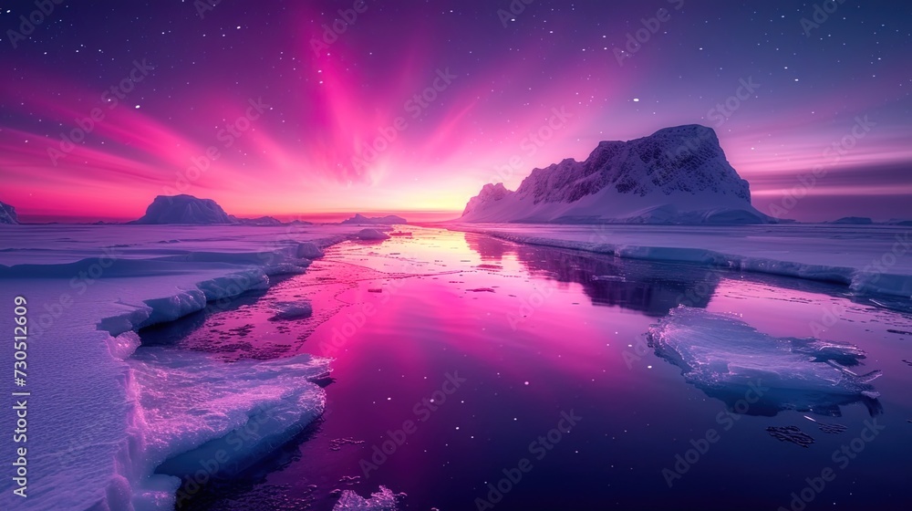 In the night sky over ice and icebergs, bright lights of the northern lights s
