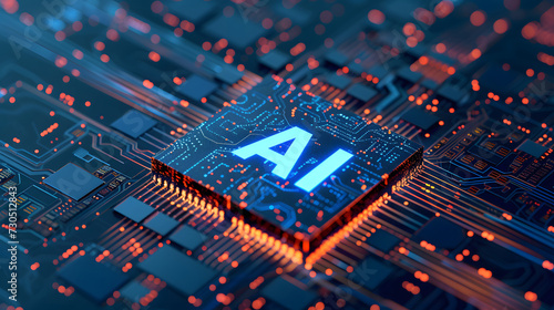 Printed circuit board with IA in glow blue. IA concept. 