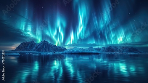 The northern lights sparkles brightly in the night sky over ice and icebergs in the ocea photo