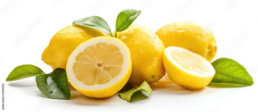 Group of fresh ripe yellow lemons fruit with leaves isolated on white background. AI generated image Group of fresh ripe yellow lemons fruit with leaves isolated on white background. AI generated image
