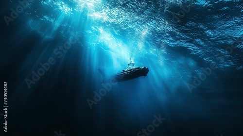 Photo A lone submarine ventures into the blue abyss, a symbol of marine discovery