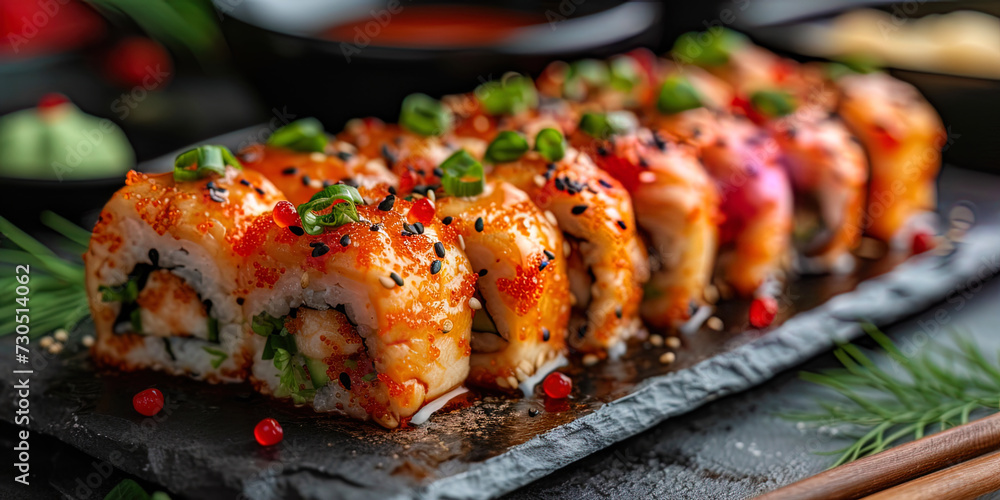 Hot roll with fried chicken, flying ingredients and aromatic spices, is ready for ser Hot roll with fried chicken, flying ingredients and aromatic spices, is ready for ser