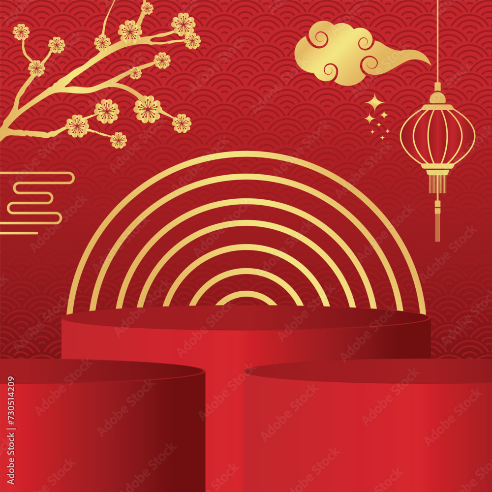 Naklejka premium Chinese New Year vector illustration. empty podium and red background.